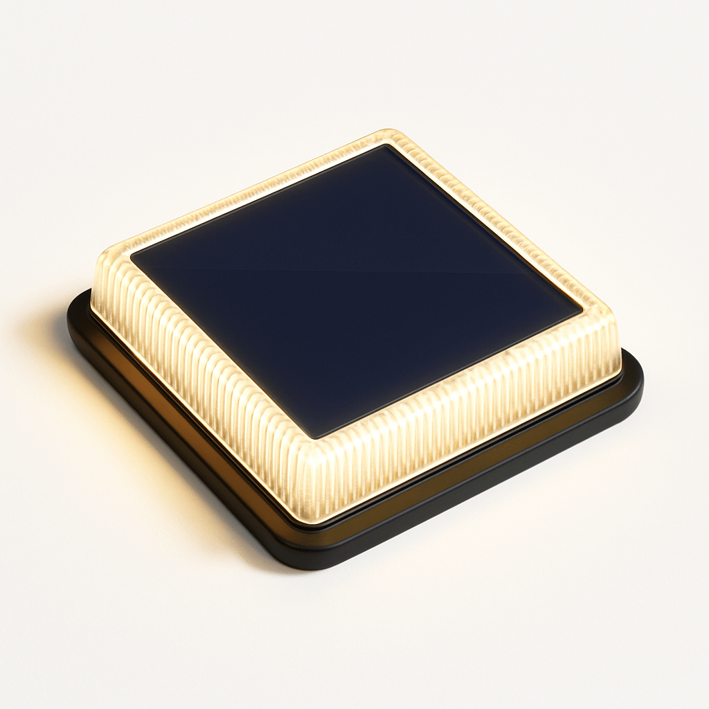 Clérachic square solar stair light glowing warm white through its ribbed clear lens, solar panel on top, black base.