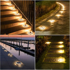 Four night scenes of Clérachic square solar lights glowing warm on stair treads, a paved path, a jetty and garden steps.