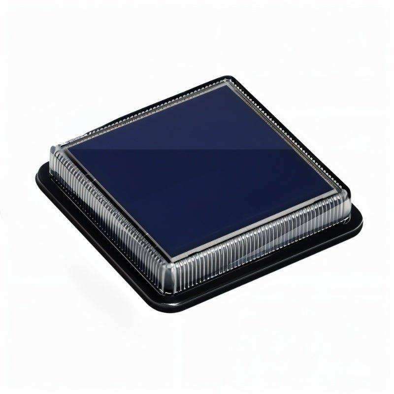 Clérachic square solar stair light on white, showing the dark solar panel, ribbed clear lens and low black base.