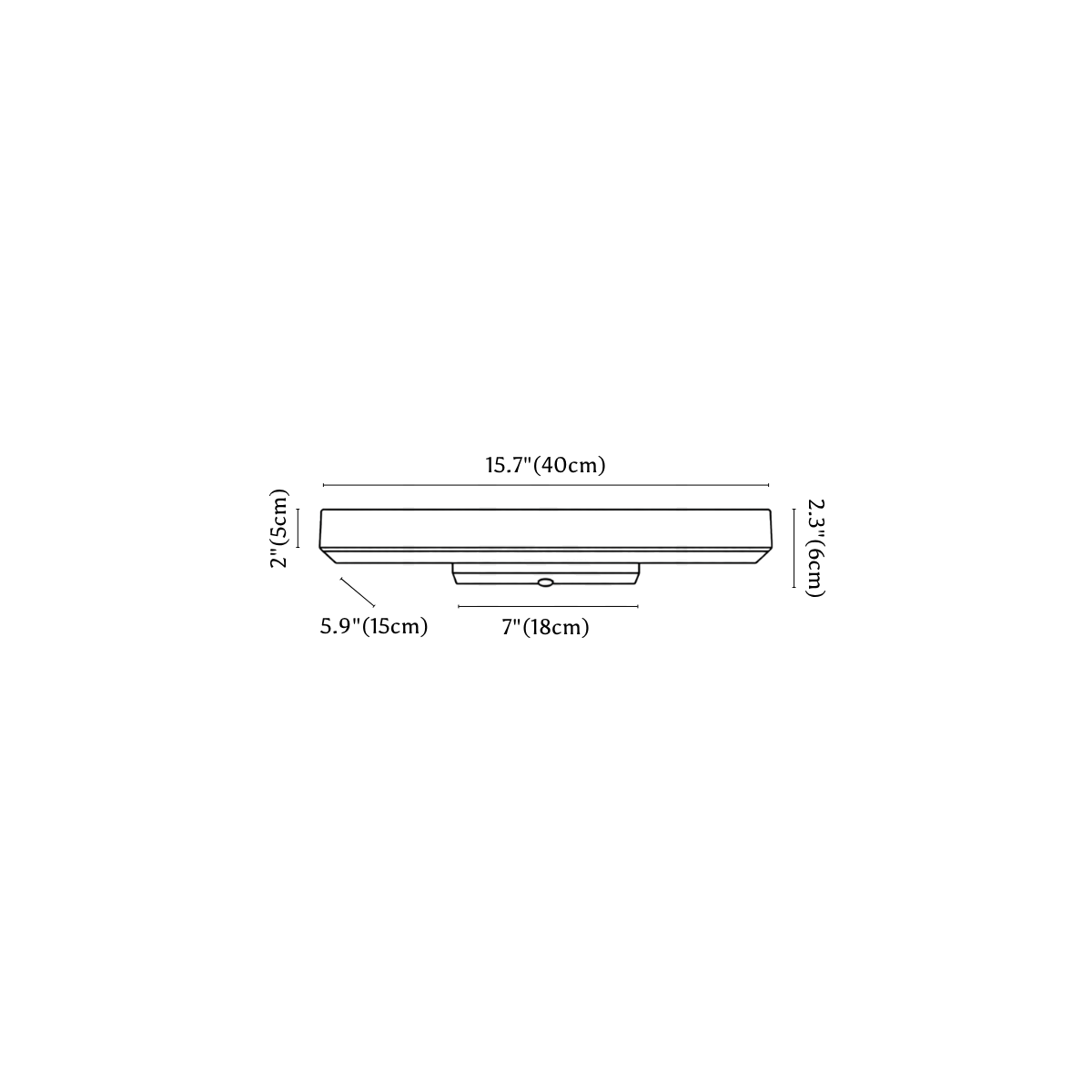 Clérachic wall light dimension drawing, 1 of 3, every measurement marked in centimetres and inches.