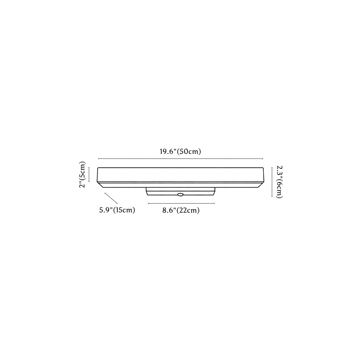 Clérachic wall light dimension drawing, 2 of 3, every measurement marked in centimetres and inches.