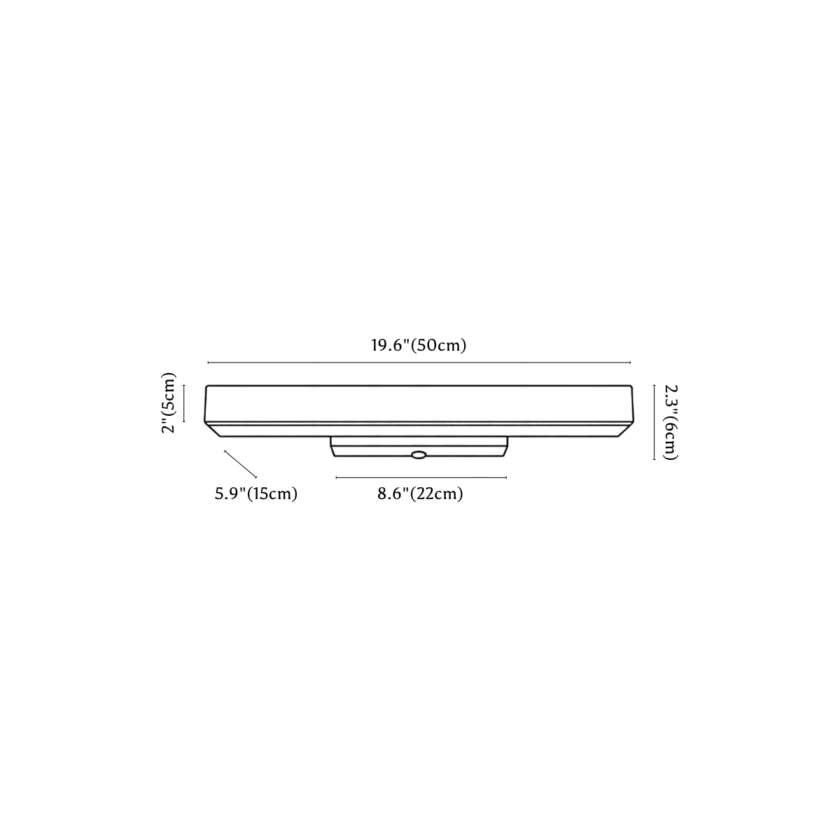 Clérachic wall light dimension drawing, 3 of 3, every measurement marked in centimetres and inches.