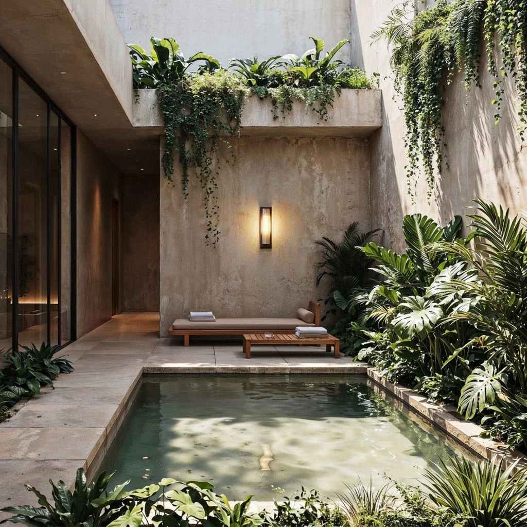 Clérachic black outdoor wall light with a ribbed shade on a concrete courtyard wall above a daybed, plunge pool and tropical plants