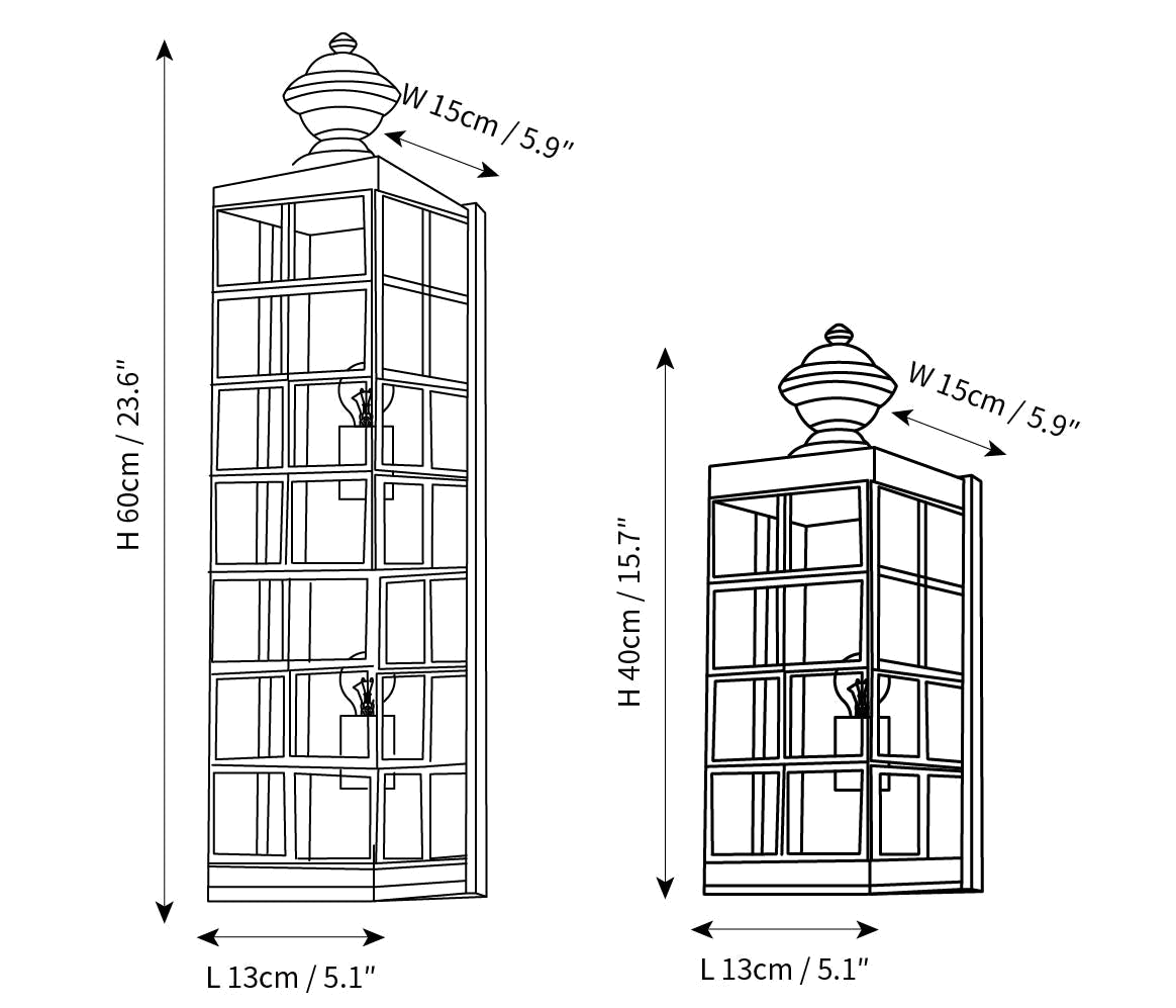 Dimension drawing of this Clérachic wall light in its 40 cm and 60 cm heights, with the width and depth marked.