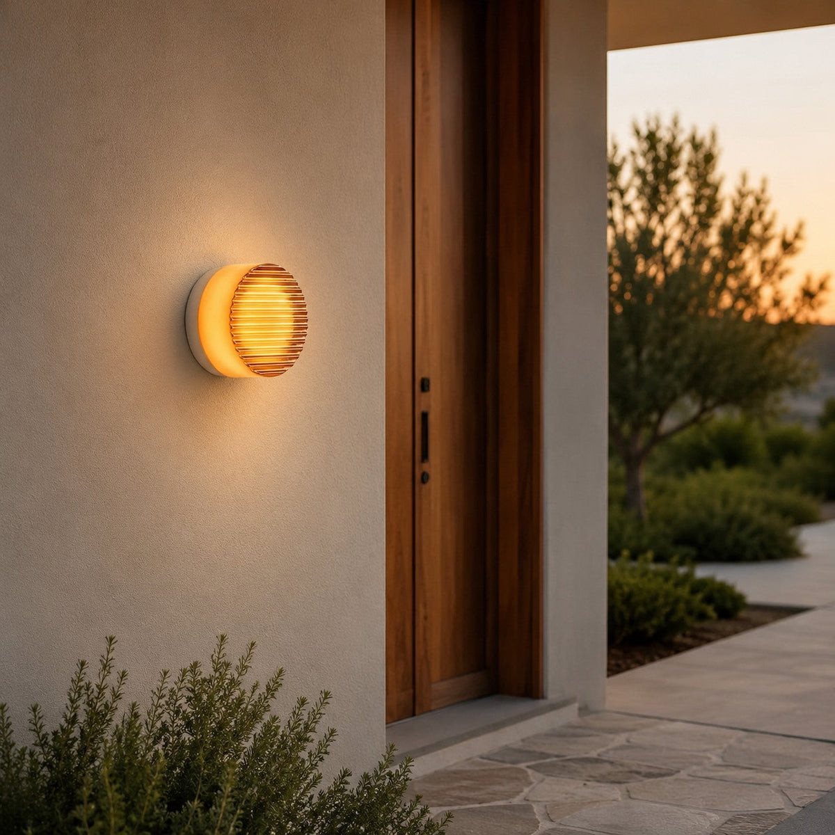 Round amber ribbed-glass Clérachic wall light glowing beside a tall wooden door on a pale rendered wall at sunset.
