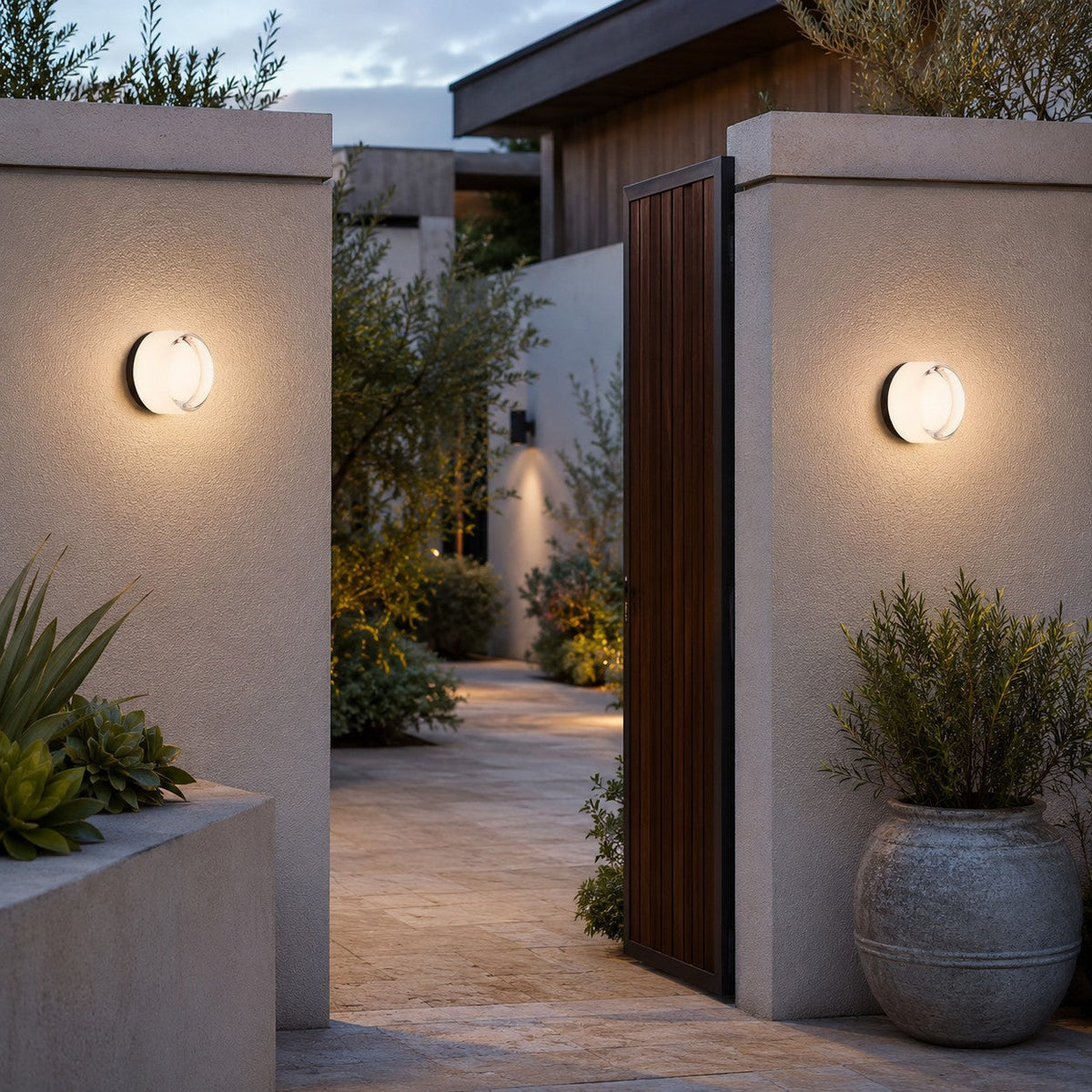 White-glass Clérachic wall lights on two gate piers in a courtyard at dusk, with a large stone planter and a timber gate.