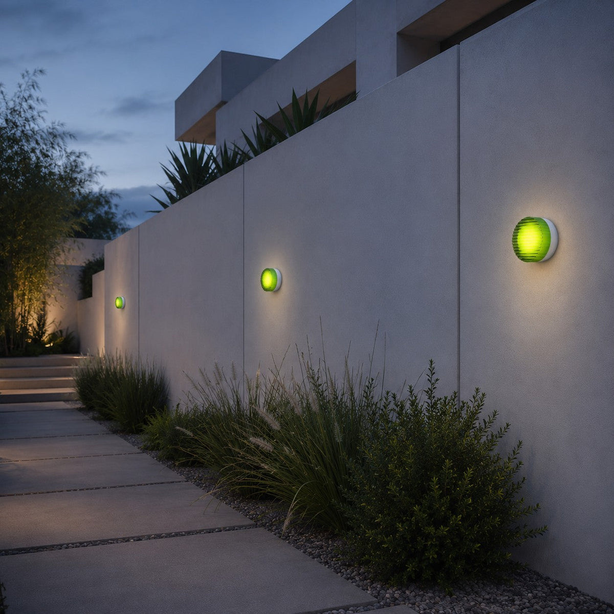 Green-glass Clérachic wall lights spaced along a long garden wall at blue hour, above clipped shrubs and a stone path.