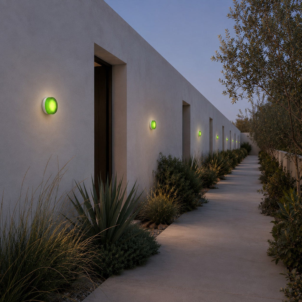 Green-glass Clérachic wall lights running down a long rendered wall beside a doorway, with grasses along the path.