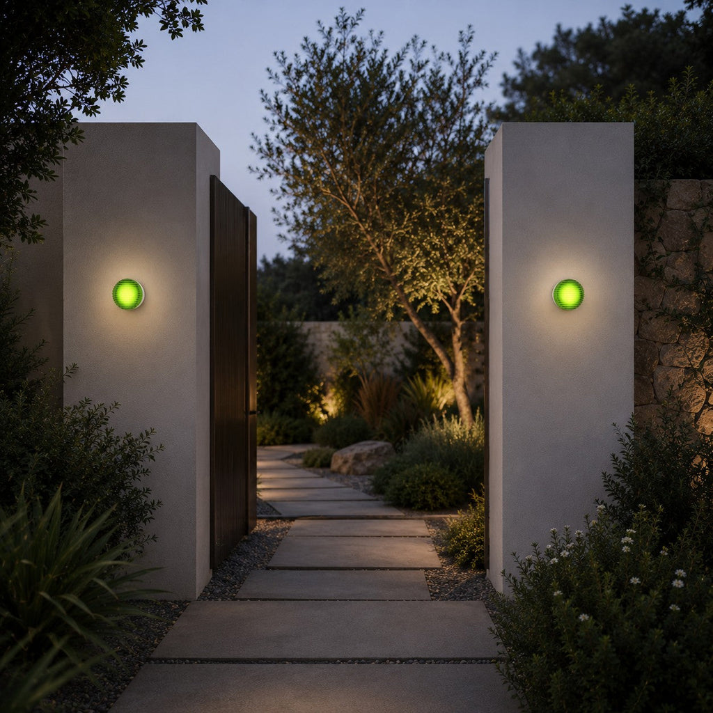 Green Clérachic wall lights on two tall wall piers flanking a stepping-stone path, with an olive tree lit behind.