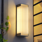 Large view of a Clérachic ribbed wall light lit warm on a pale wall, with a leafy branch and a glazed panel nearby.
