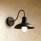 Clérachic matte black gooseneck wall lamp with a wide downward dome shade and a glowing opal bulb on plaster