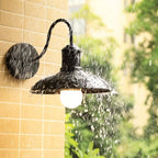 Clérachic black gooseneck wall lamp on a warm brick wall in heavy rain, water running off its dome shade