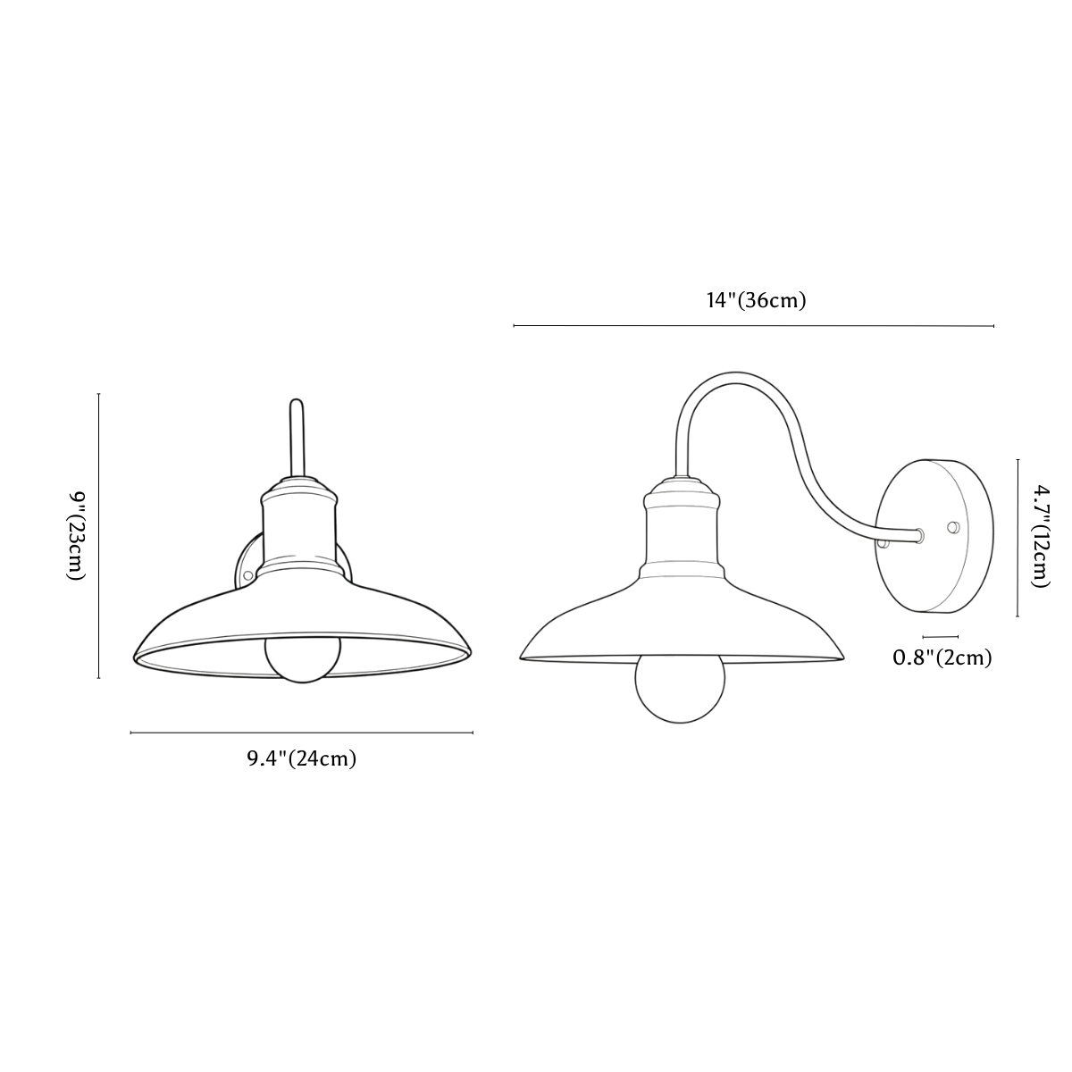 Clérachic wall light dimension drawing, every measurement marked in centimetres and inches.