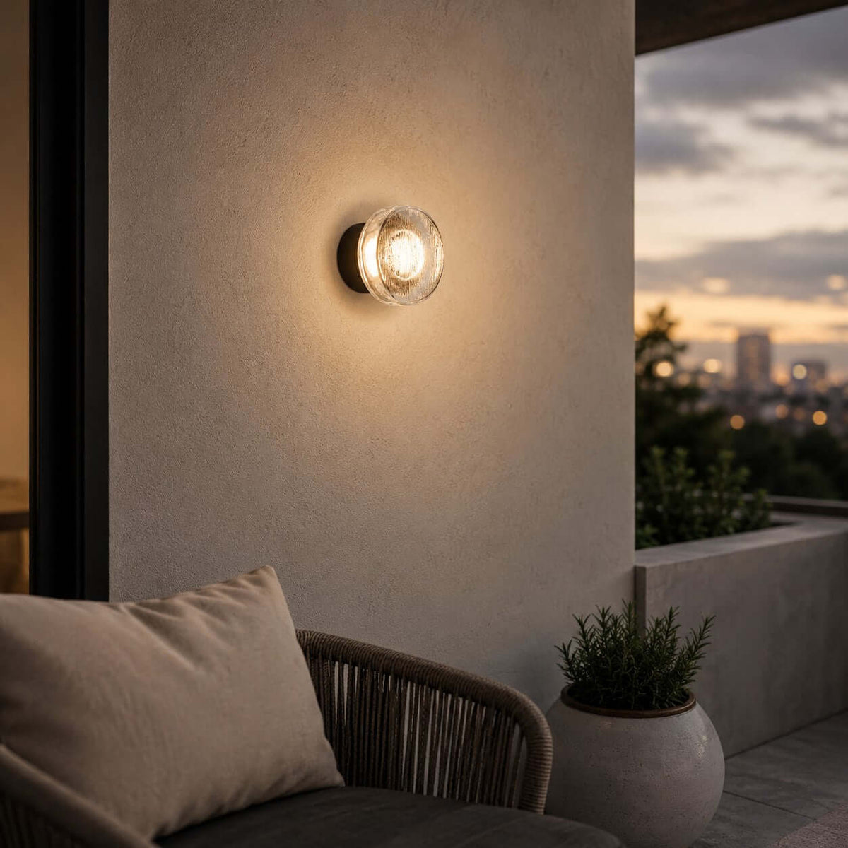 Clérachic outdoor wall light glowing on a rendered terrace wall, with a rattan chair and a city view at sunset behind it.
