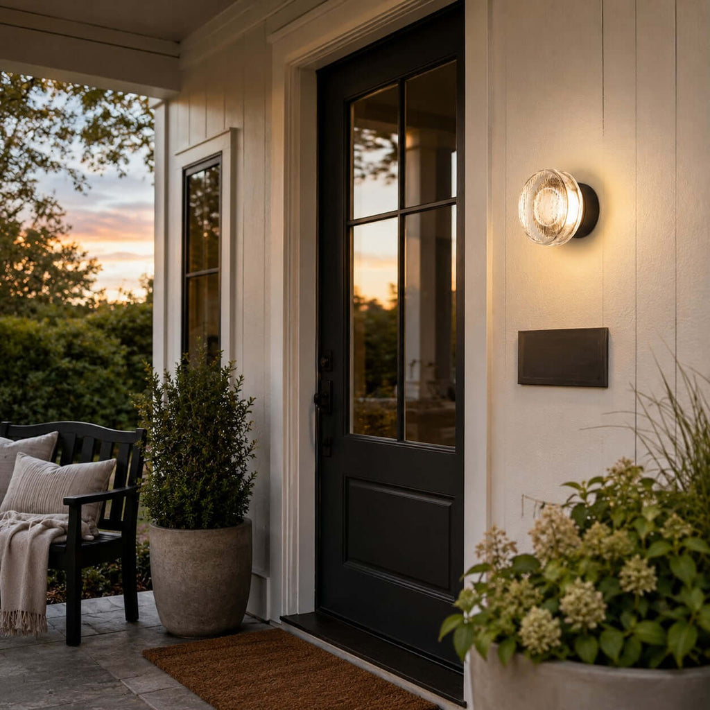 Round Clérachic outdoor wall light beside a black glazed front door, with a planter of hydrangeas and a porch bench.