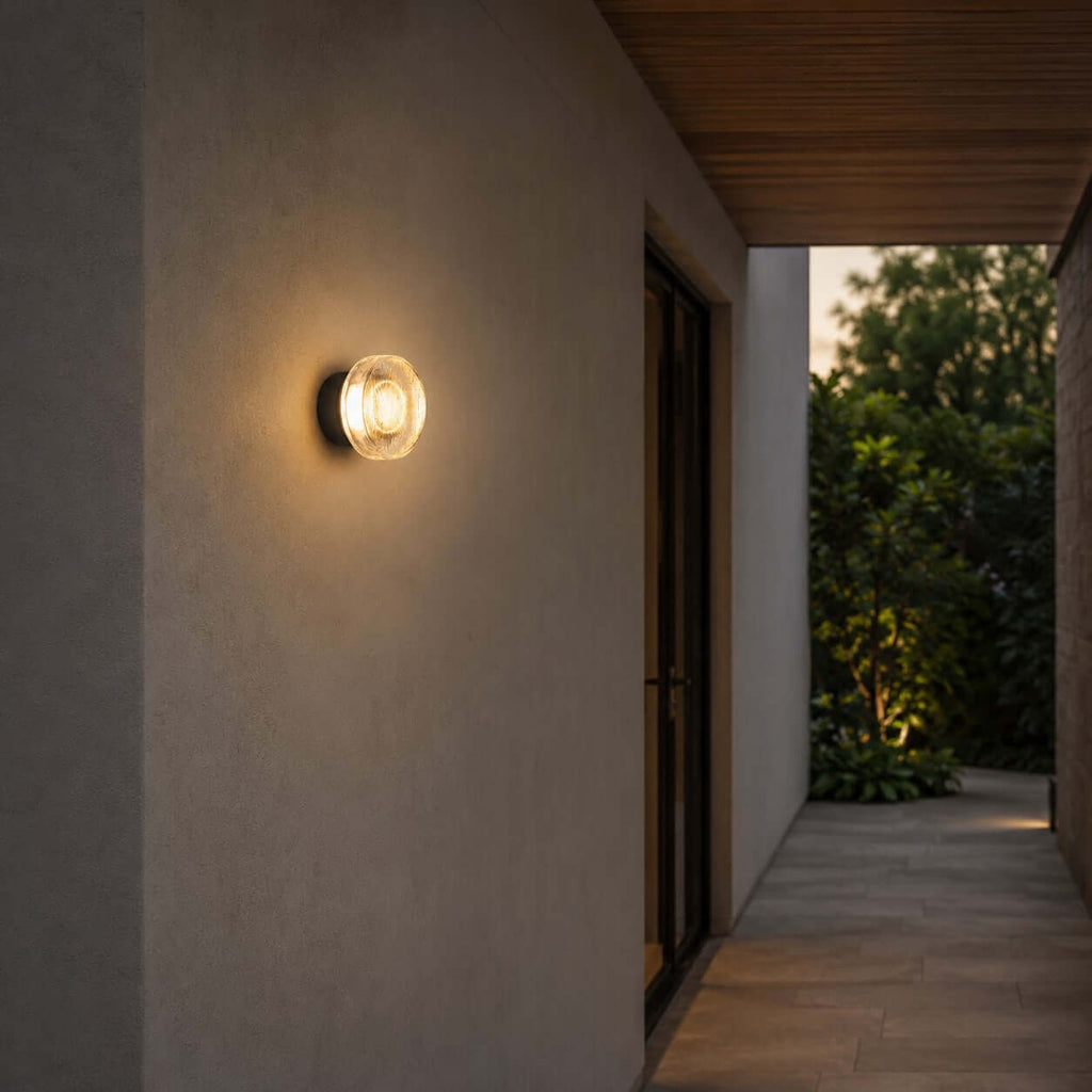 In this photo, the Clérachic outdoor wall light on the wall of a covered walkway, with a timber soffit and a lit garden path beyond.