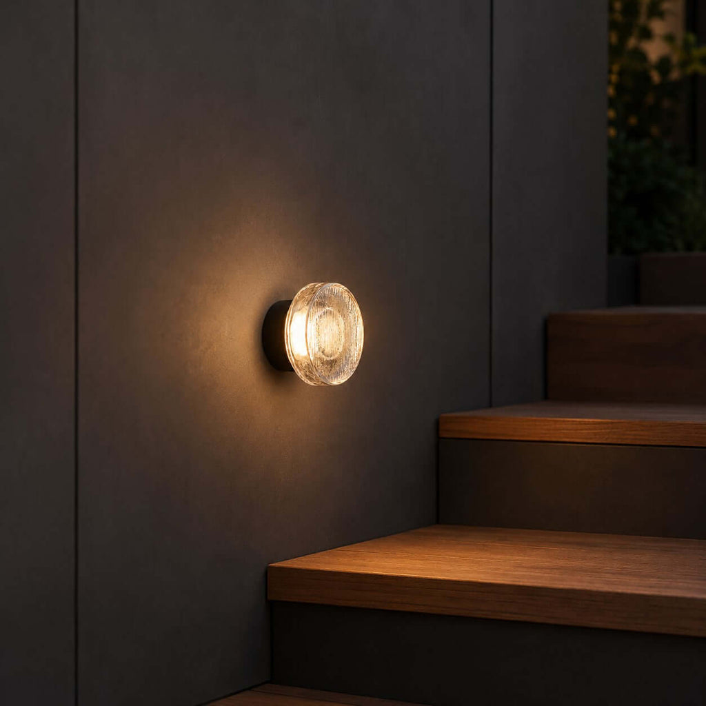 Pictured here, the Clérachic outdoor wall light on a dark wall above wooden steps, casting a soft warm halo in the evening.