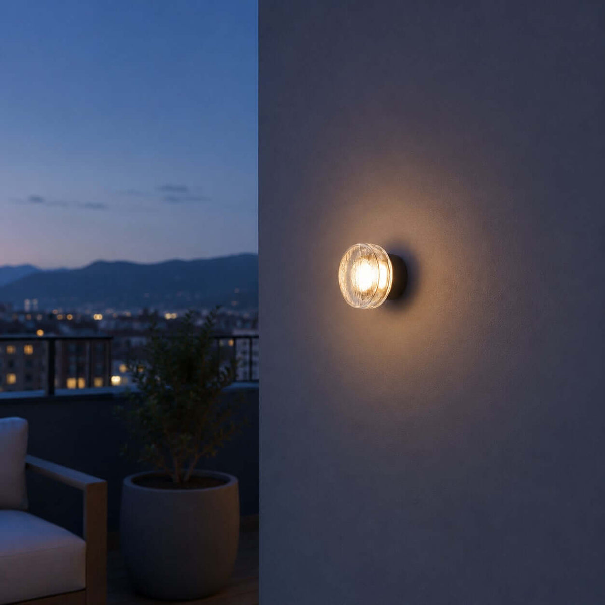 Clérachic outdoor wall light on a blue-grey balcony wall, with a distant city and mountains at twilight beyond.