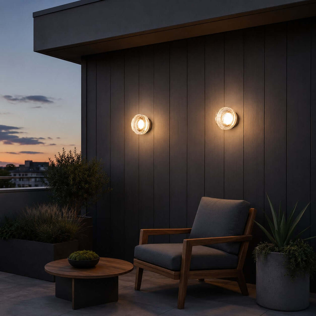 Two Clérachic outdoor wall lights on dark vertical cladding, above a wooden armchair and a round side table at sunset.