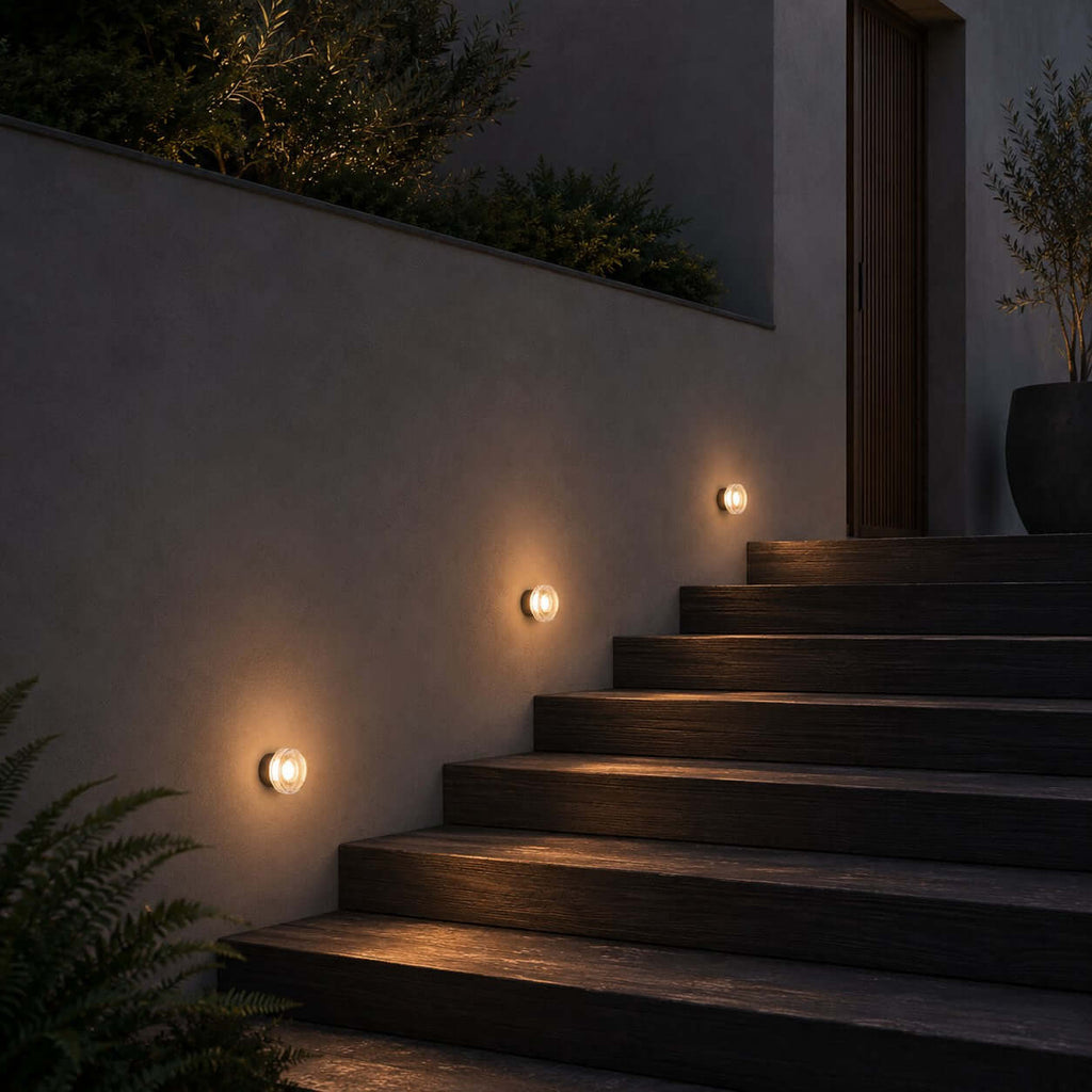 Three Clérachic outdoor wall lights stepping up a rendered stair wall, lighting dark timber treads at night.