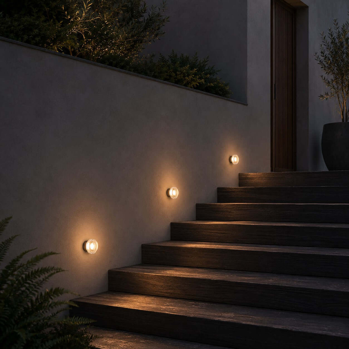 Three Clérachic outdoor wall lights stepping up a rendered stair wall, lighting dark timber treads at night.