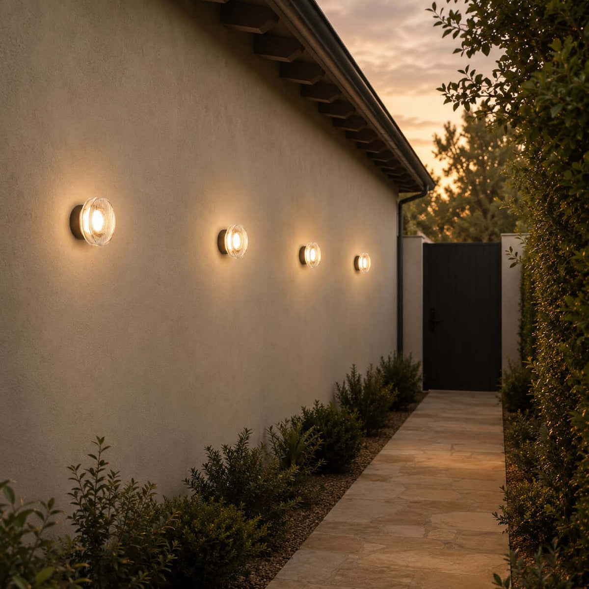 Four Clérachic outdoor wall lights spaced along a side passage wall, above a stone path and low planting at dusk.