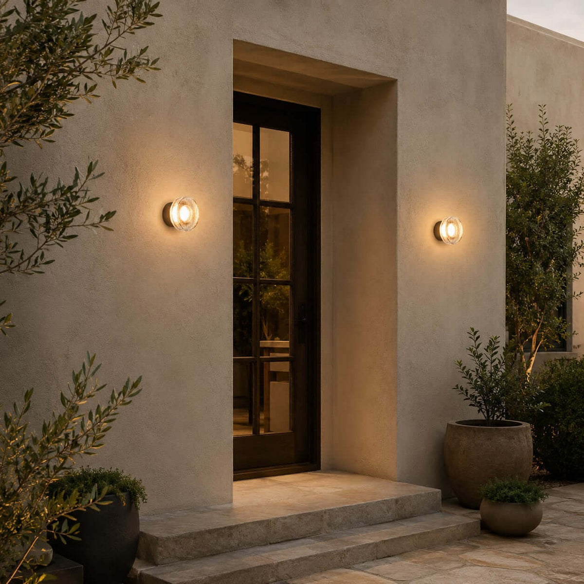 Two Clérachic outdoor wall lights flanking a black-framed glass door in a rendered wall, with stone steps and olive trees.