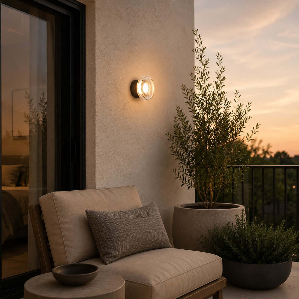 Clérachic outdoor wall light glowing on a terrace wall above an olive tree and a cushioned armchair at sunset.