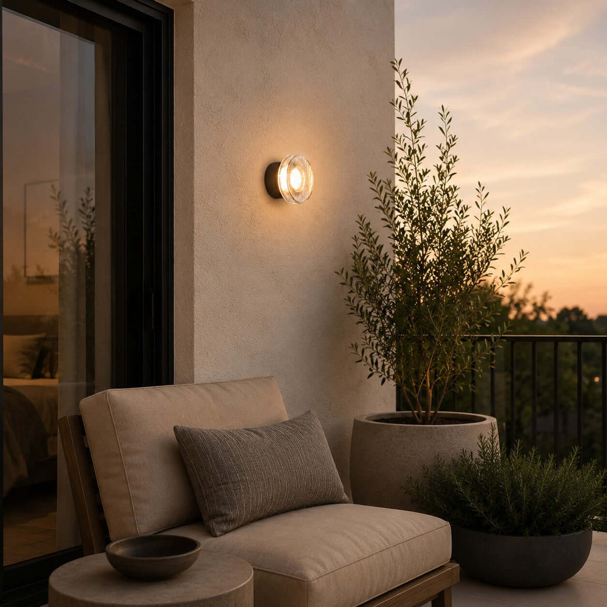 Clérachic outdoor wall light glowing on a terrace wall above an olive tree and a cushioned armchair at sunset.