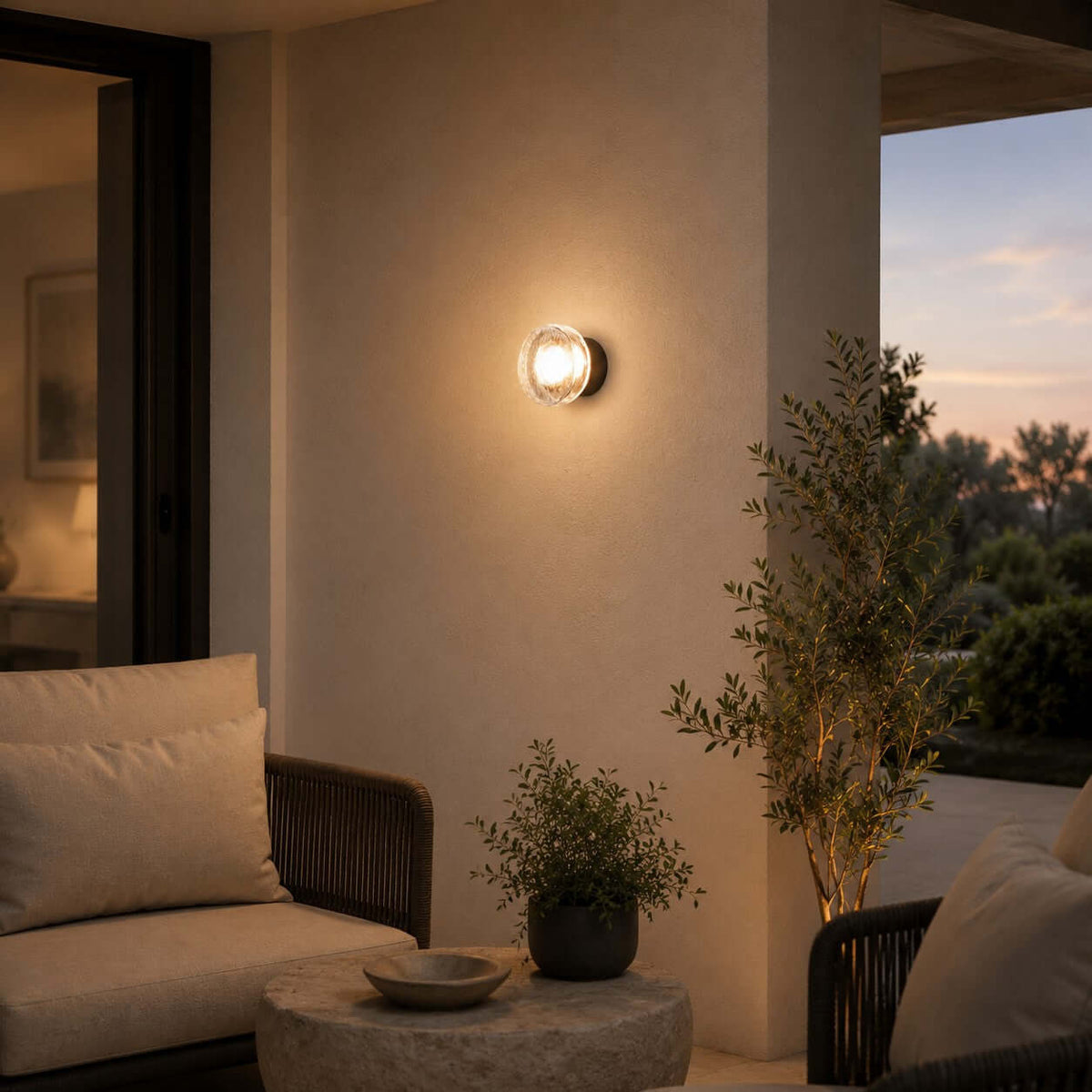Shown here, the Clérachic outdoor wall light on a rendered pillar, with a rattan armchair, a stone side table and an olive tree nearby.