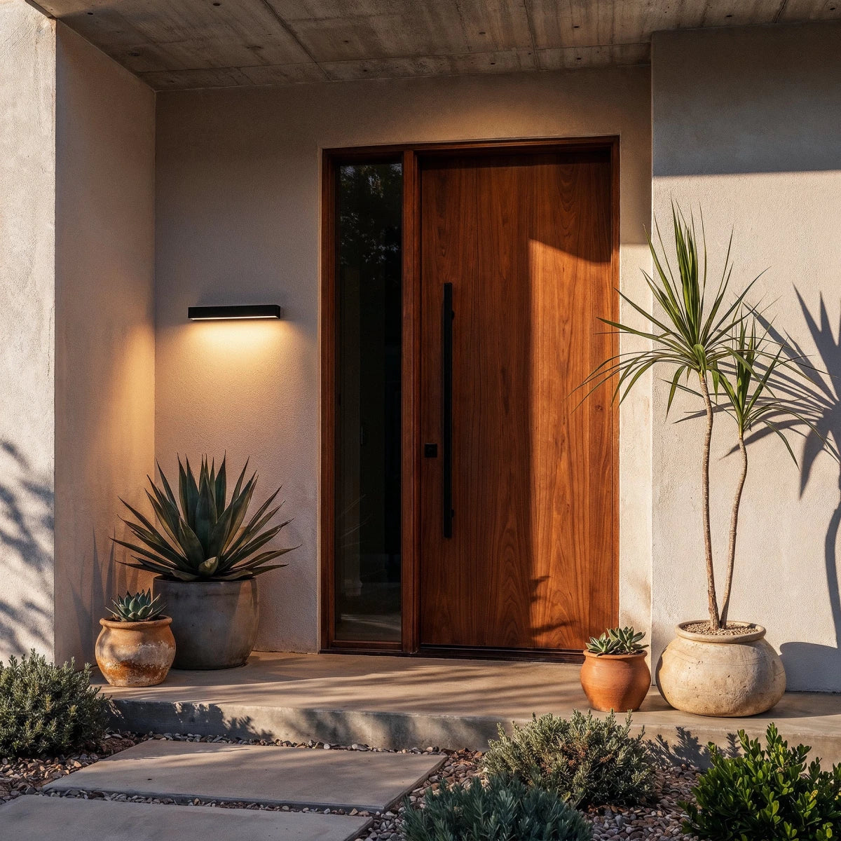 Clérachic slim black wall light glowing warm on a rendered porch wall beside a timber front door and potted agave.
