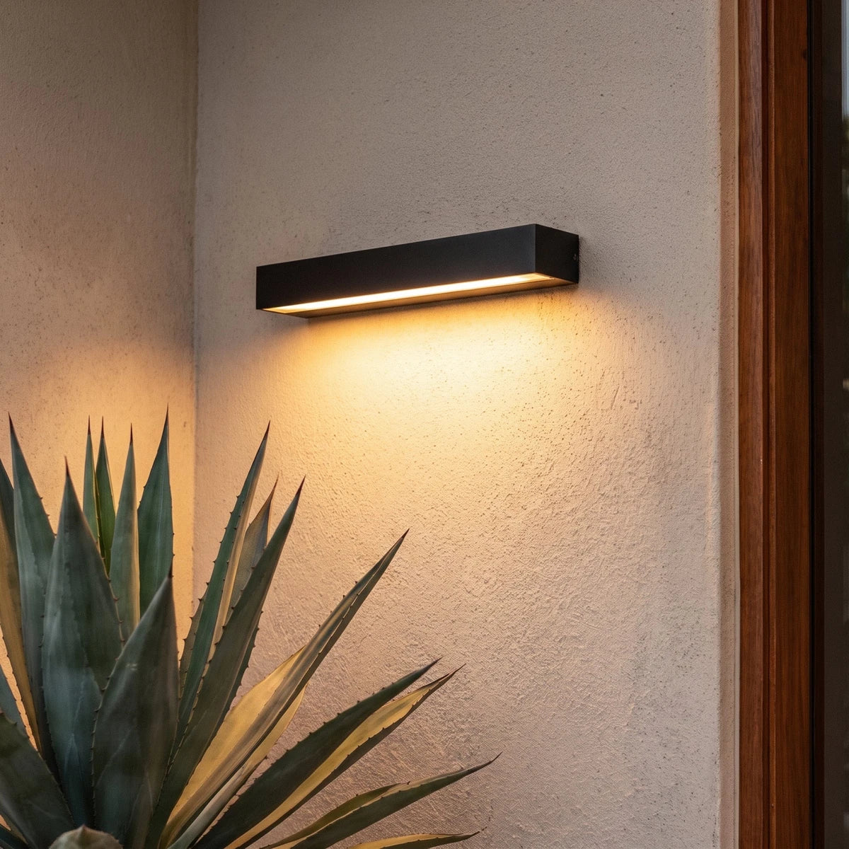 Close view of a Clérachic slim black wall light with a warm diffuser strip, mounted on textured render beside an agave.