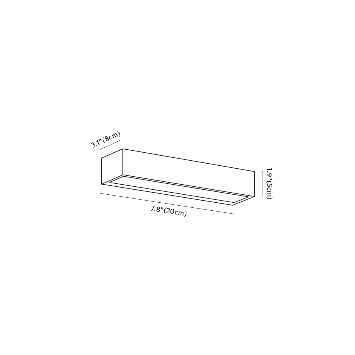 Clérachic wall light dimension drawing, 20 cm, every measurement marked in centimetres and inches.