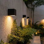 Clérachic black cube wall lights along a rough garden wall at dusk, each giving a narrow beam of warm light over the ferns.