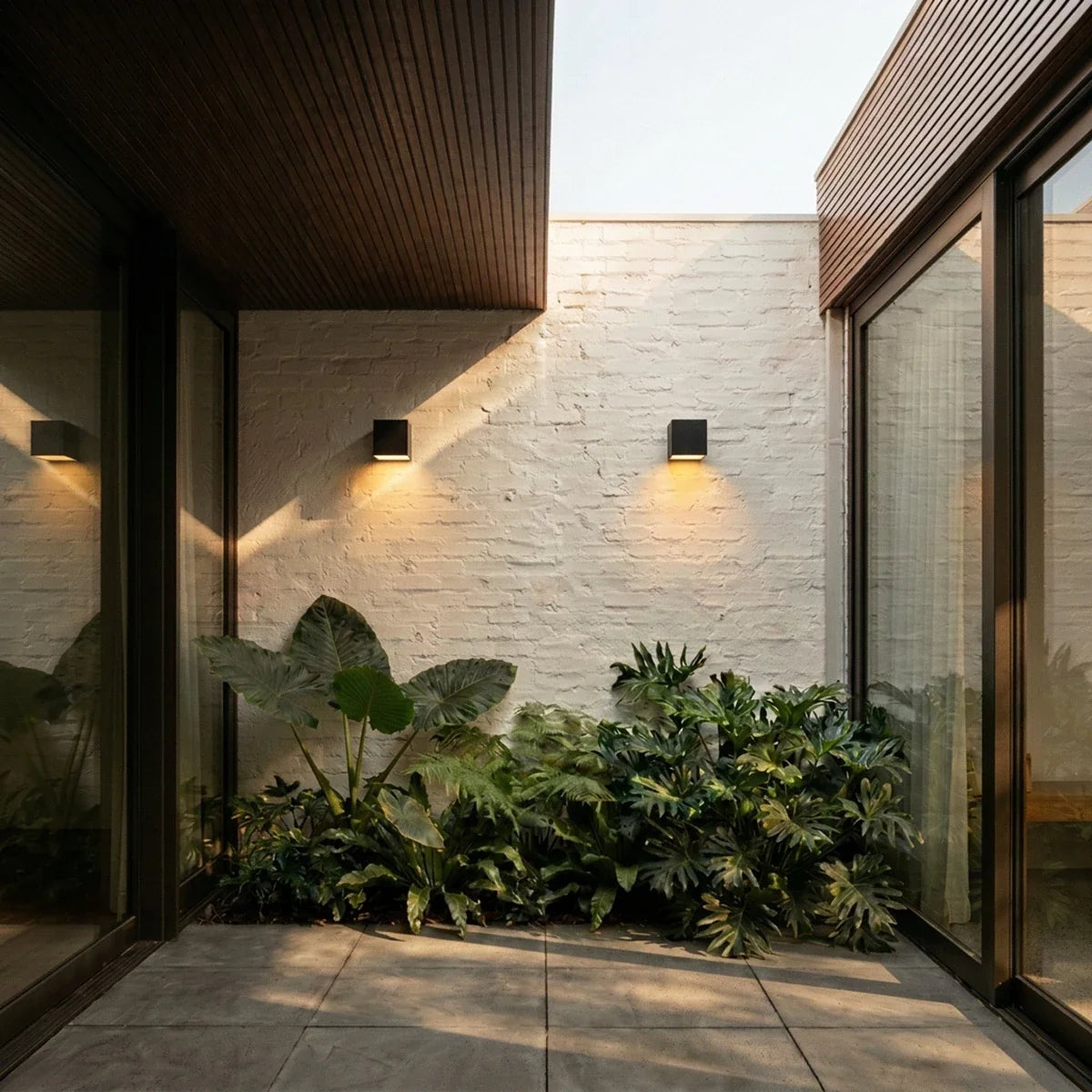 Clérachic black cube wall lights on a whitewashed brick courtyard wall, glowing warm above tropical foliage and paving.