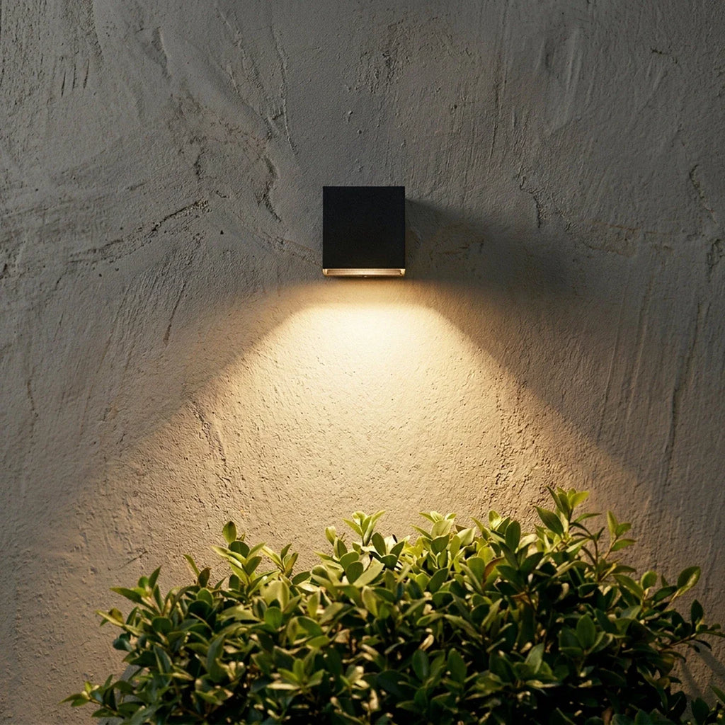 Single Clérachic black cube wall light on a rough grey plaster wall, throwing a soft downward cone over a clipped shrub.