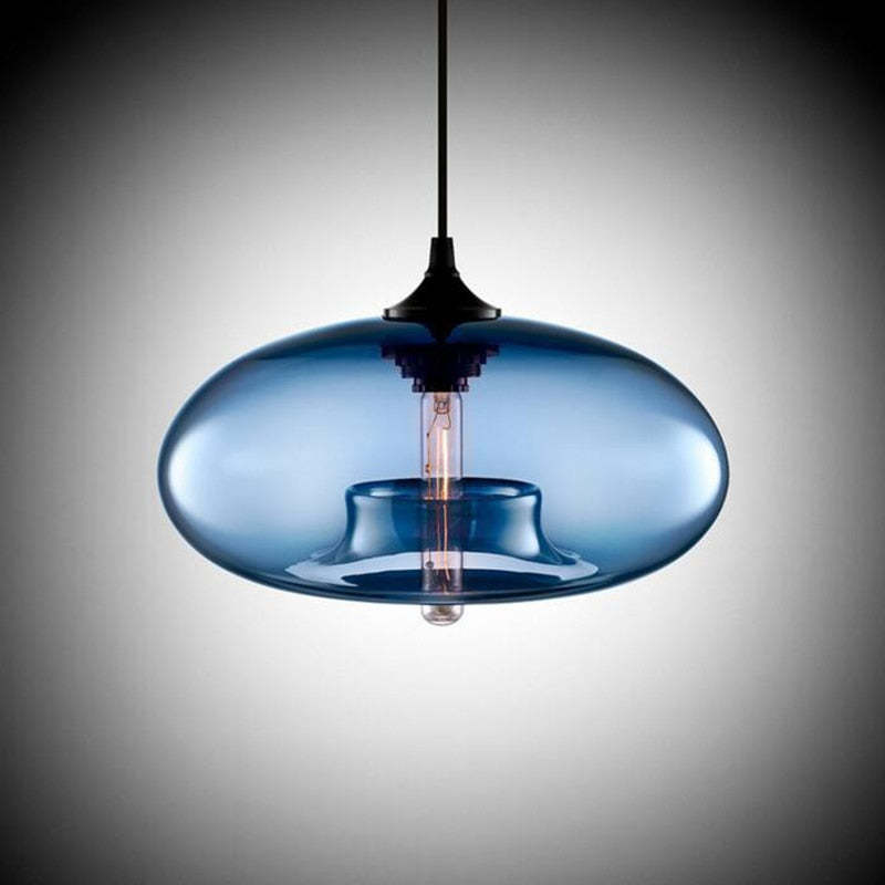 Clérachic oval blown glass pendant light in steel blue, the inner flared collar carrying the socket in full view.