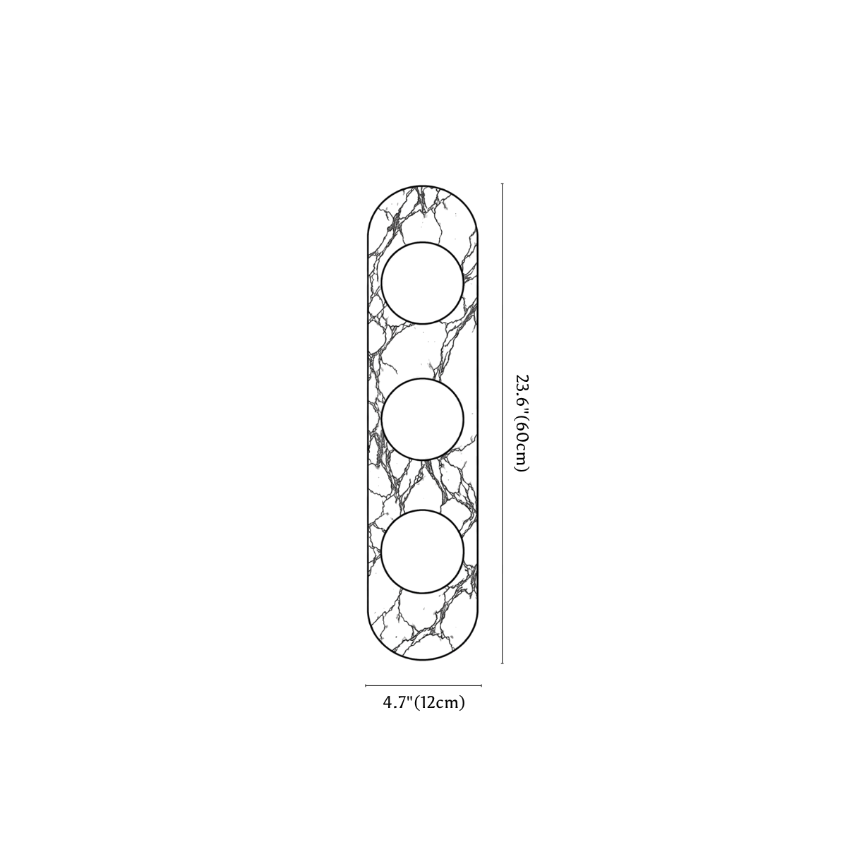 Clérachic wall light dimension drawing, 3 heads, every measurement marked in centimetres and inches.
