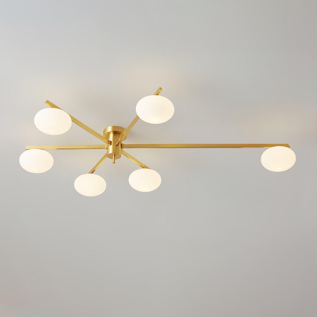 Clérachic Oval Opal Glass Ceiling Light in brass with six shades, one arm reaching far right across a wide ceiling.