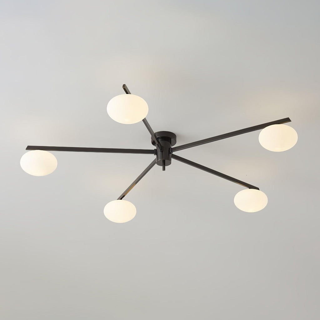 Clérachic Oval Opal Glass Ceiling Light in black with five shades, arms crossing over a plain grey ceiling.