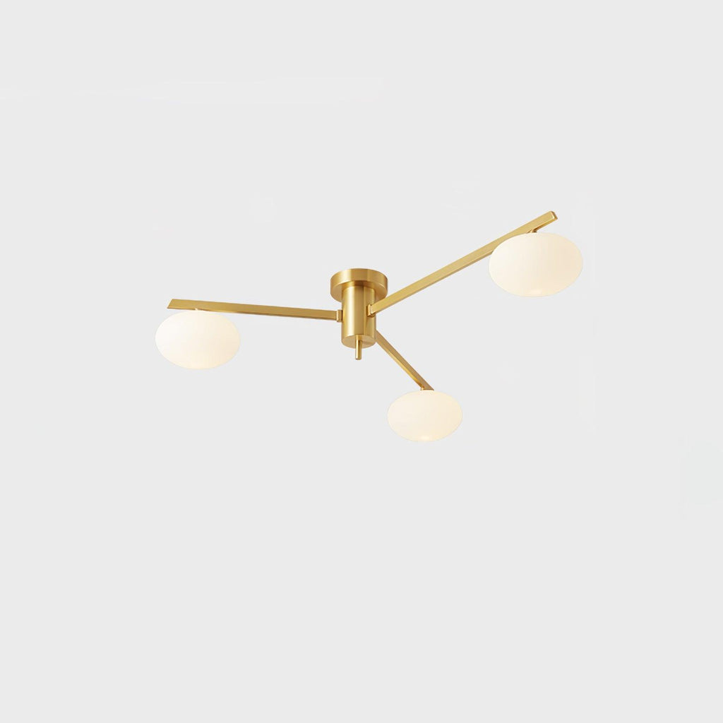 Clérachic Oval Opal Glass Ceiling Light in brass, three-arm version isolated on white for a clear side profile.