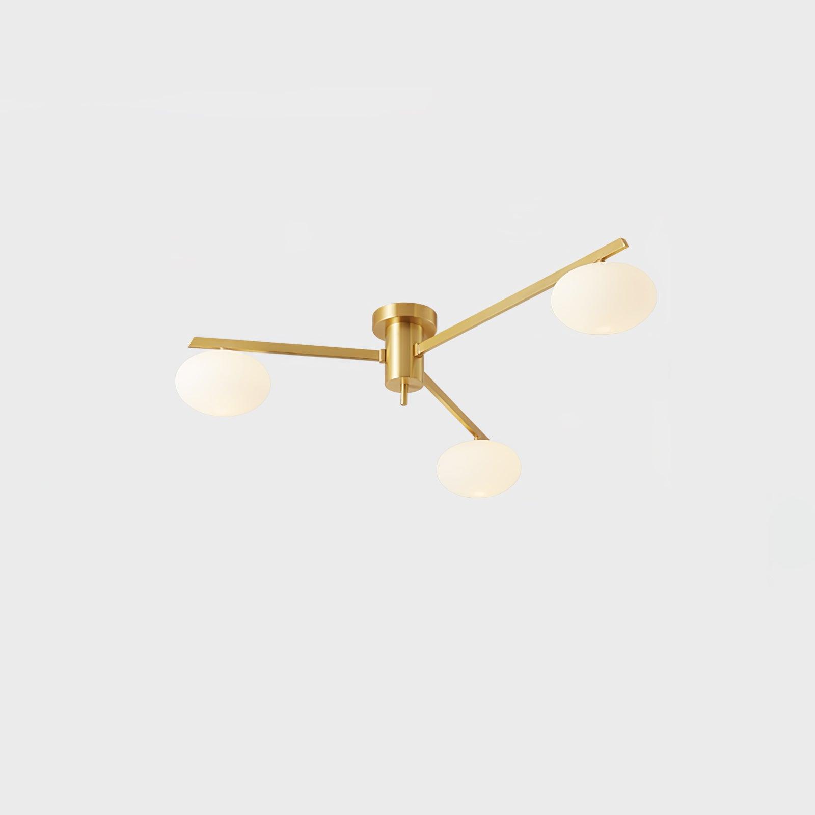 Clérachic Oval Opal Glass Ceiling Light in brass, three-arm version isolated on white for a clear side profile.