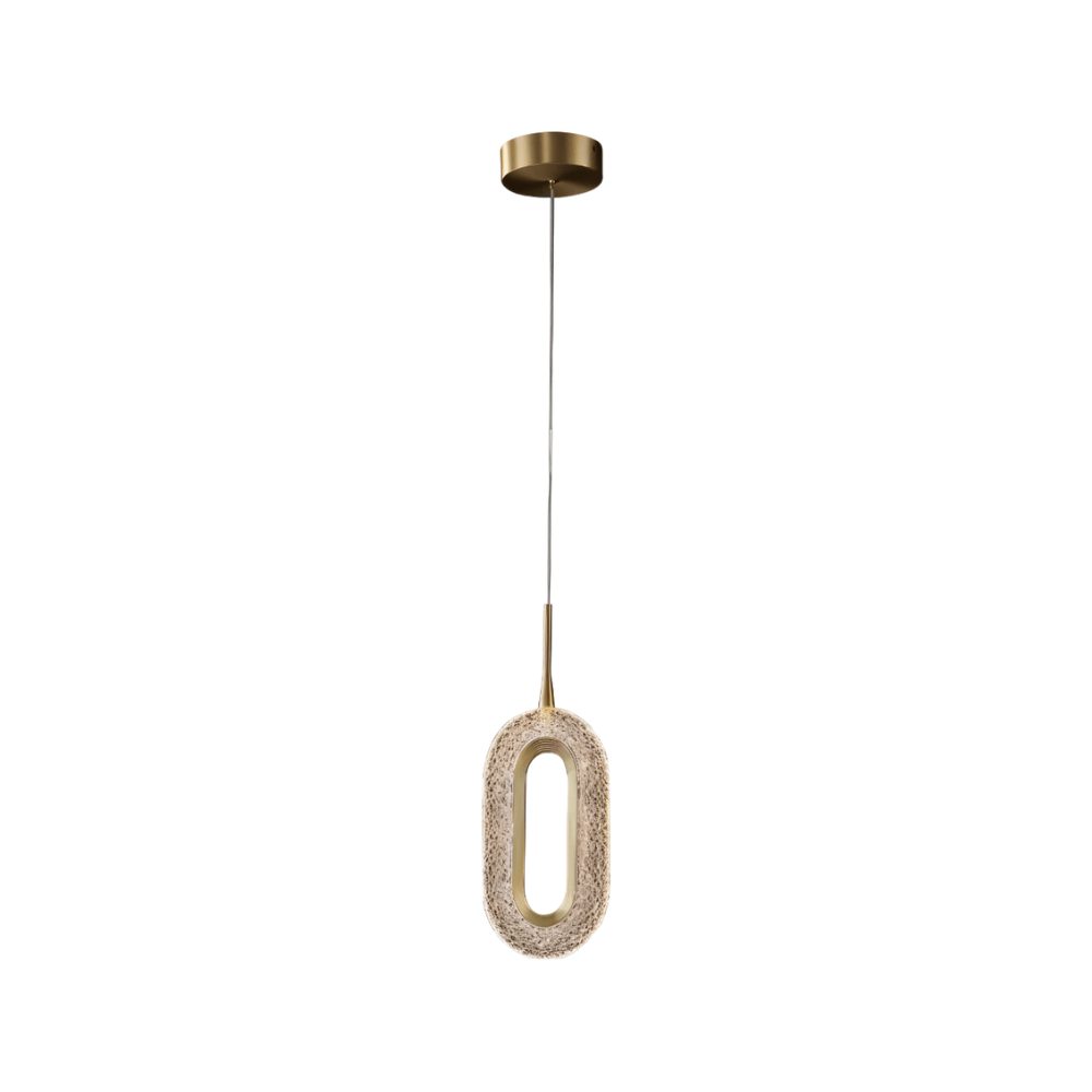 Clérachic single oval pendant with a brass ring, textured acrylic shade and round brass canopy, shown on a white background.