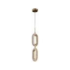 Clérachic two-head pendant of stacked brass-and-acrylic ovals under a round brass canopy, shown on a white background.