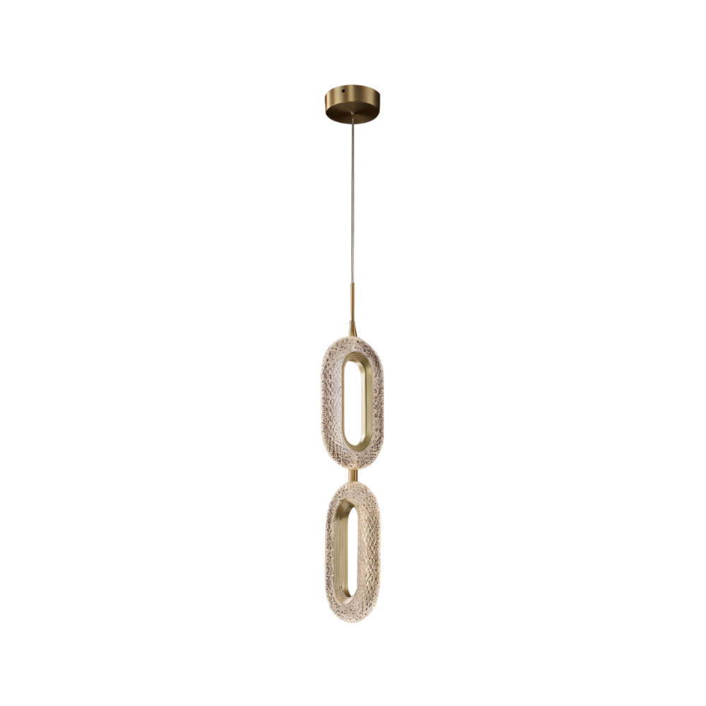 Clérachic two-head pendant of stacked brass-and-acrylic ovals under a round brass canopy, shown on a white background.