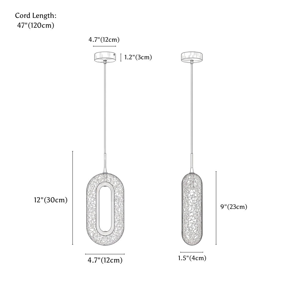 Clérachic pendant light dimension drawing, 1 Head, every measurement marked in centimetres and inches.