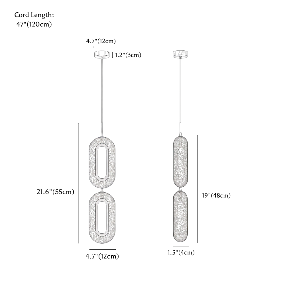 Clérachic pendant light dimension drawing, 2 Head, every measurement marked in centimetres and inches.