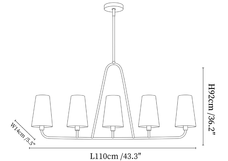 Clérachic chandelier dimension drawing, every measurement marked in centimetres and inches.