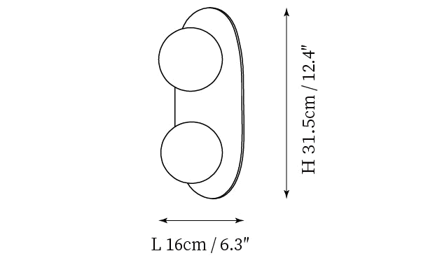 Dimension drawing of this Clérachic wall light, with its height and width marked for the small size.