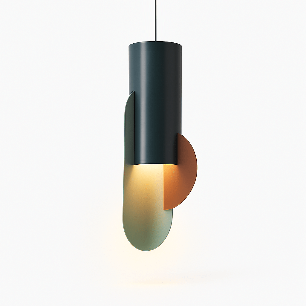 Clérachic teal metal cylinder pendant lit warm, its sage oval and terracotta half-disc glowing from the downlight.